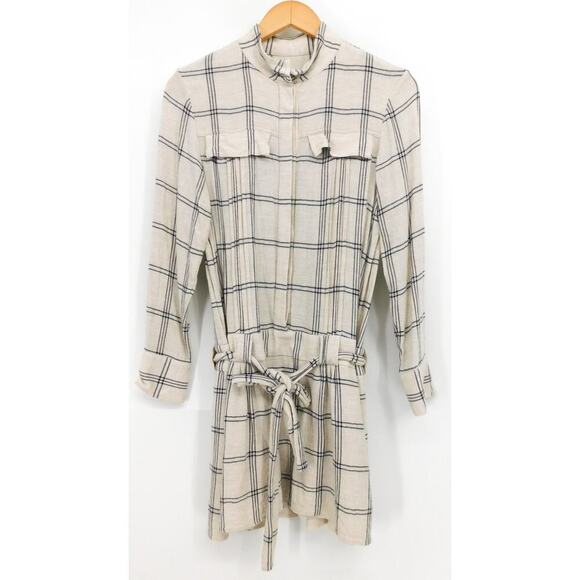 Reiss Dasha Windowpane Plaid‎ Mini Shirt Dress Belted Mock Neck Size 4 White - Picture 2 of 6